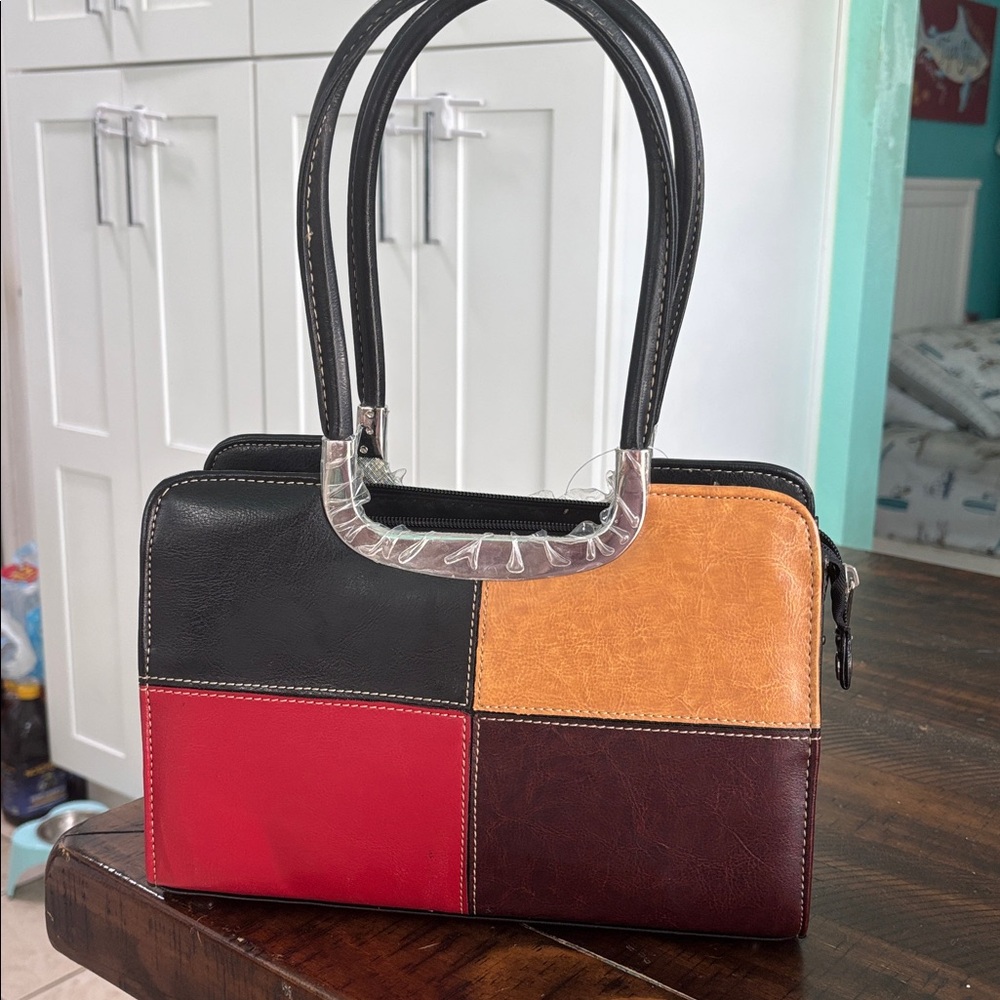 NWT Veagan Leather patched Elegant Multicolor Leather Satchel still wrapped SOLD